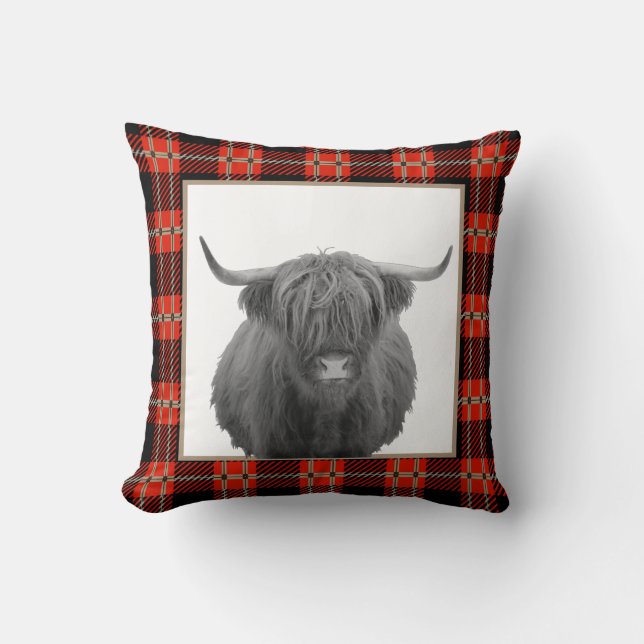 Coussin Red Plaid Highland Cow Cabine Mountain Lodge (Recto)