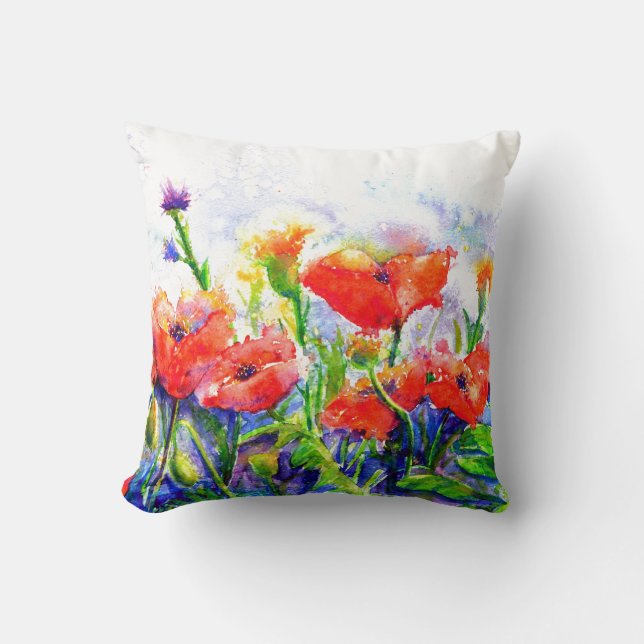 Coussin Red Poppy Fields aquarelle peinture florale (Recto)