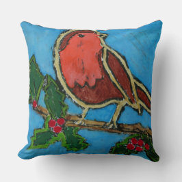 Coussin Red Robin, Green Holly Red Berries