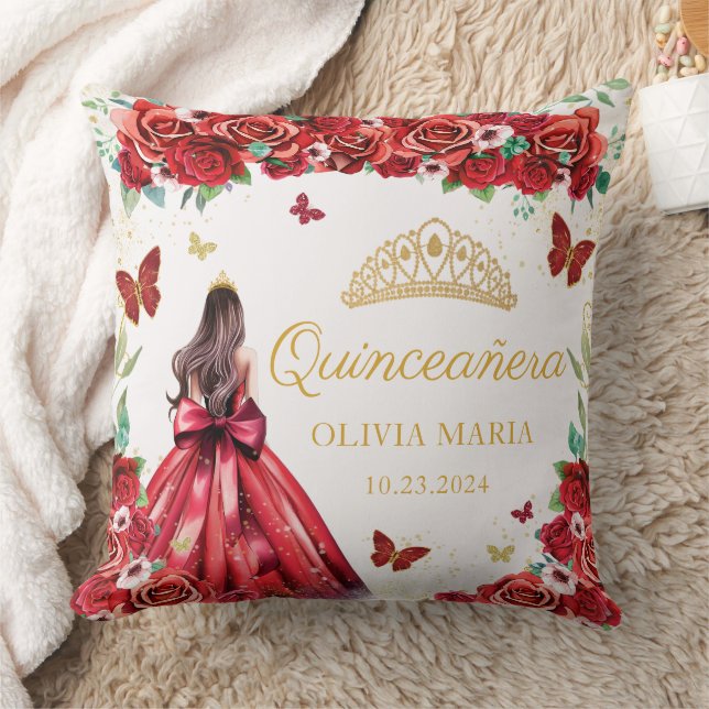 Coussin Red Roses Floral Gold Princesse Tiara Quinceanera (Couverture)
