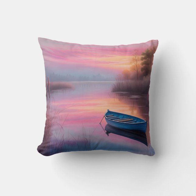 Coussin Réflexion du ciel rose de bateau bleu rustique (Recto)
