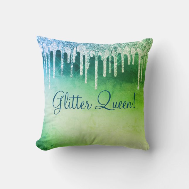 Coussin Reine Pailletée Bleu Vert Froid Joli (Recto)