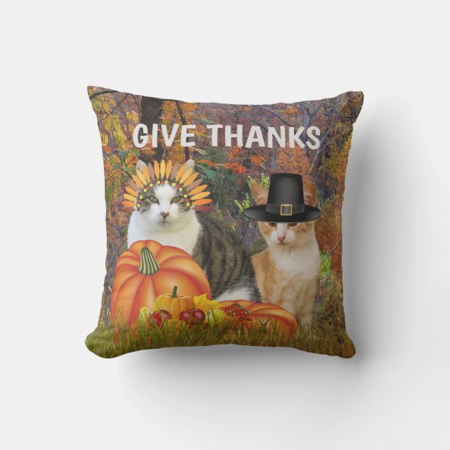 Coussin Remerciez les chats pèlerins de Thanksgiving (Recto)
