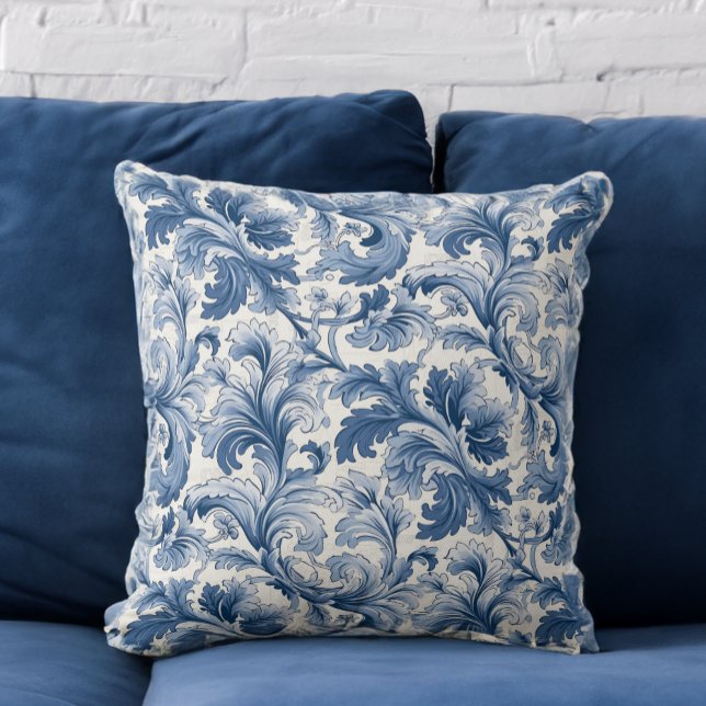 Coussin Renaissance bleue et blanche Acanthus Damask (Créateur téléchargé)