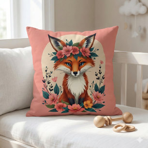 Coussin Renard bohème fantaisiste avec couronne florale de