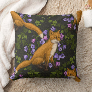 Coussin Renard, fleurs et lierre, vert, orange et viole