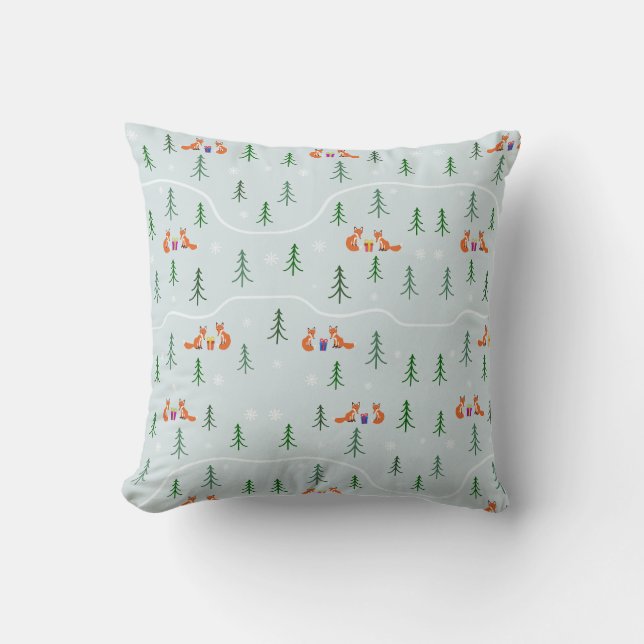 Coussin Renards de Noël en forêt enneigée avec cadeaux (Recto)