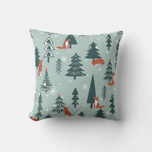 Coussin Renards, sapins, neige, dessinés à la main. Coulis