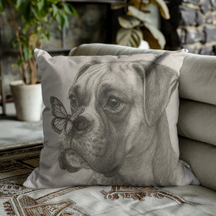 Coussin Rencontre douce entre un chien Boxer et un papillo