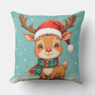 Coussin Renne de dessin animé avec chapeau de Père Noël