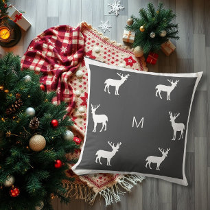 Coussin Renne rustique gris foncé monogramme de vacances d