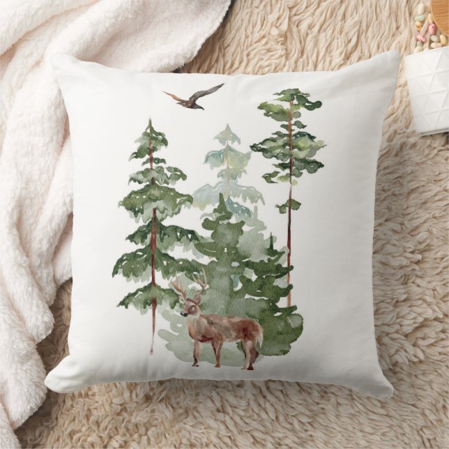 Coussin Rennes d'aquarelle en forêt d'hiver Noël (Couverture)