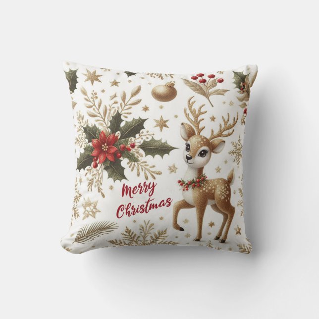 Coussin Rennes mignonnes, saint de Noël, poinsettias (Recto)