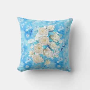 Coussin Répéter bleu ciel pâle - blanc Roses d'aquarelle