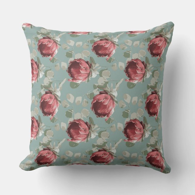 Coussin Répétition de la reine Protea sur le bleu français (Recto)