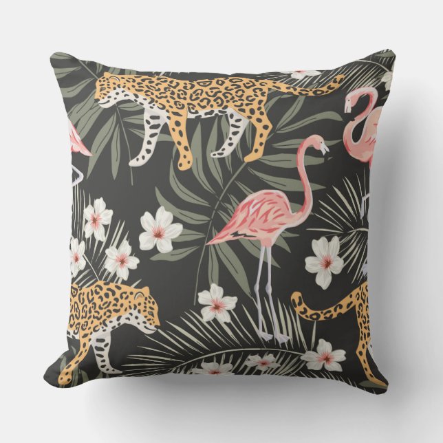 Coussin Reposez le noir/rose tropicaux noirs de Flamant (Recto)