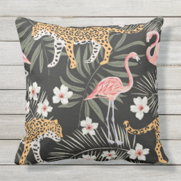 Coussin Reposez le noir/rose tropicaux noirs de Flamant