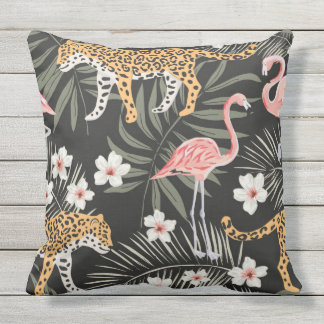Coussin Reposez le noir/rose tropicaux noirs de Flamant
