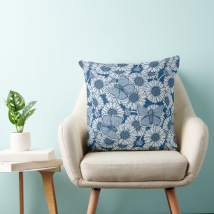 Coussin Ressort bleu, fleurs sauvages, marguerites
