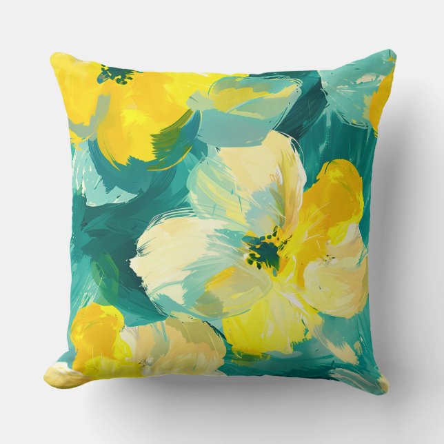 Coussin Ressort Floral Aquarelle Jaune Lumière Turquoise (Recto)