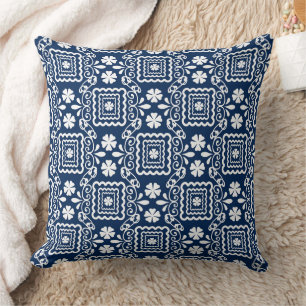 Coussin rétro 60 blanc bleu motif floral