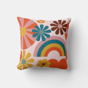 Coussin Retro 70's rose fleurs, arc-en-ciel et motifs card