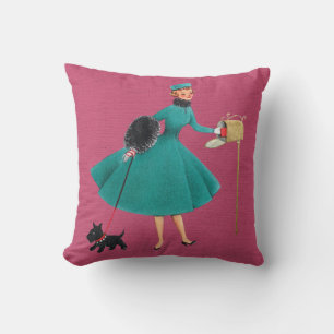 Coussin Retro années 1950 Fille et chien de Noël