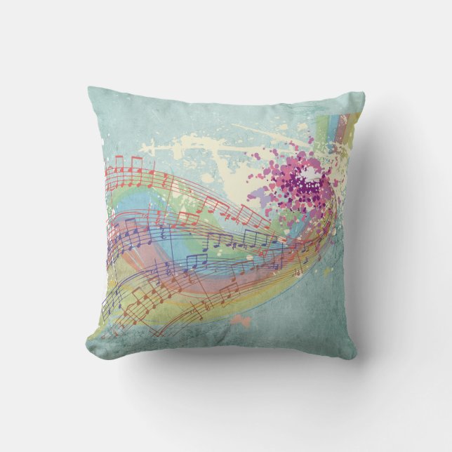 Coussin Retro Arc en ciel et notes musicales sur une textu (Recto)