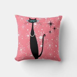 Coussin Retro Atomique Moyen Siècle Moderne MCM Chat noir