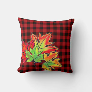 Coussin Retro Automne Feuilles rouge rustique noir plaid