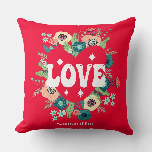 Coussin Retro Floral Heart Love Red Valentine's Day (Recto)