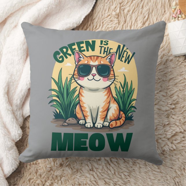 Coussin Rétro "Green is the New Meow" Cool Chat Nature Art (Couverture)
