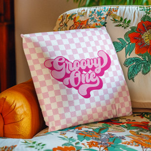 Coussin Rétro Groovy One Rose et Blanc à Damier