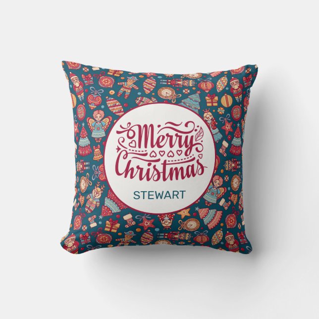 Coussin Retro Joyeux Noël Personnalisé (Recto)