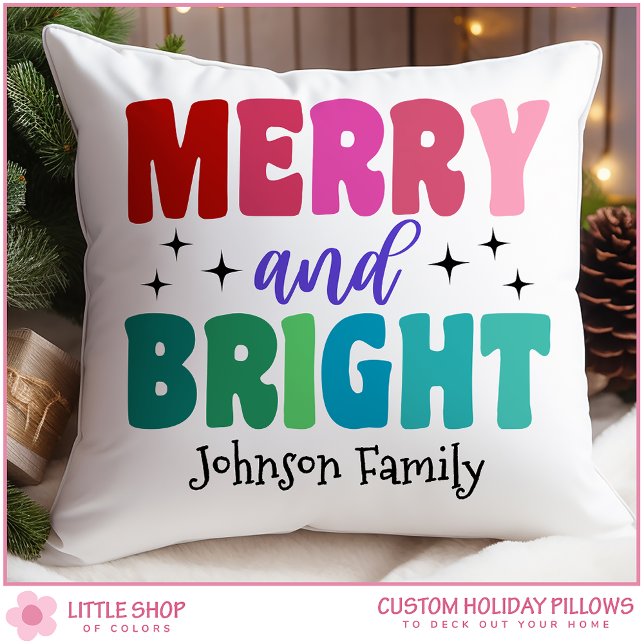 Coussin Retro Merry and Bright Customizable Name Christmas (Créateur téléchargé)