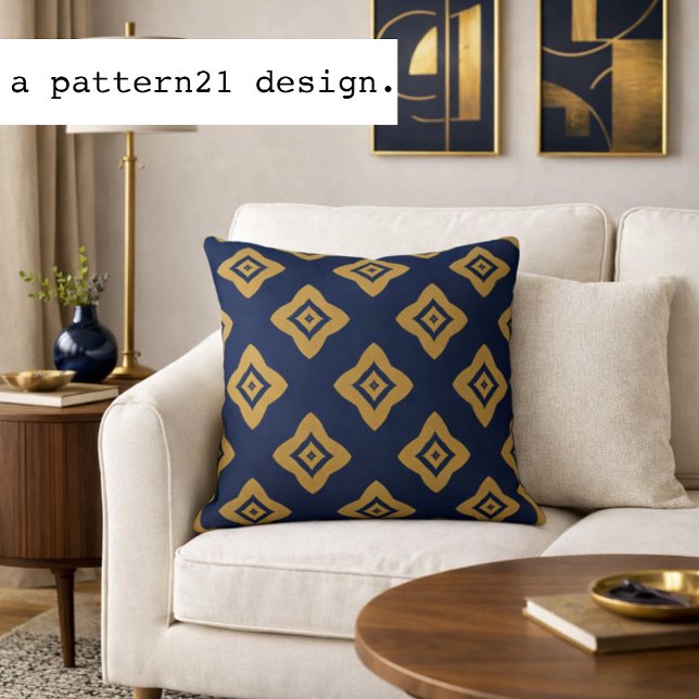 Coussin rétro moderne (Modern navy and gold geometric pillow brings bold mid-century style to elegant interiors.)