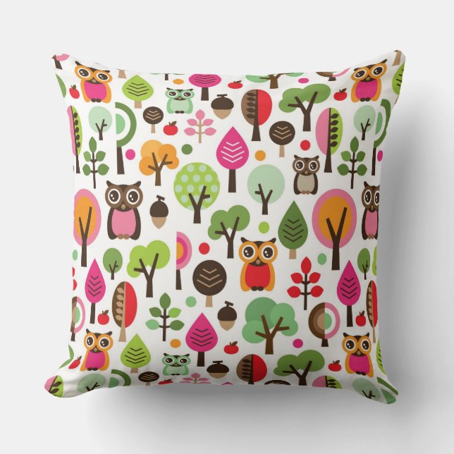 Coussin rétro motif de hibou d'arbre rose de feuille (Recto)