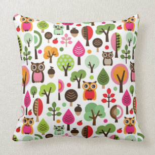 Coussin rétro motif de hibou d'arbre rose de feuille