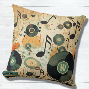 Coussin Retro Music Lover's Vinyl Music Notes Monogramme