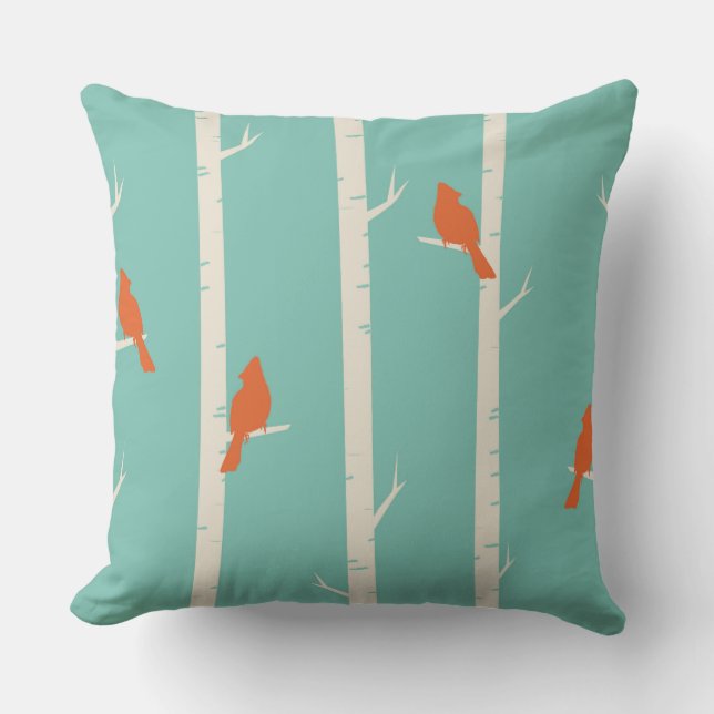 Coussin Rétro Orange Birds on Birch Trees (Recto)
