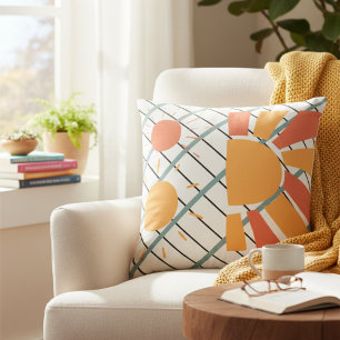 Coussin Retro red orange Sunset on blue white & black grid