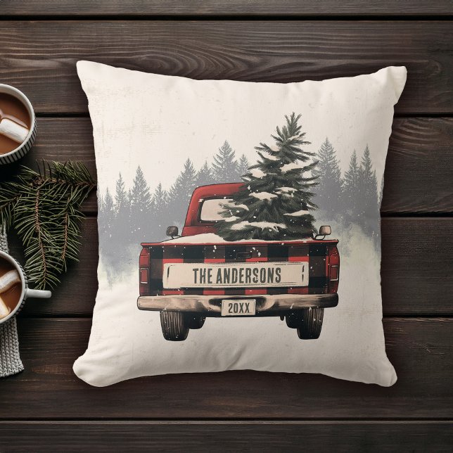Coussin Retro Red Plaid Camion de Noël personnalisé Nom de (Créateur téléchargé)