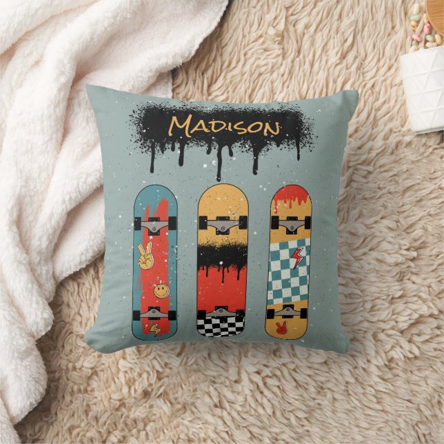 Coussin Retro Skateboard Blue Cool Nom personnalisé (Couverture)