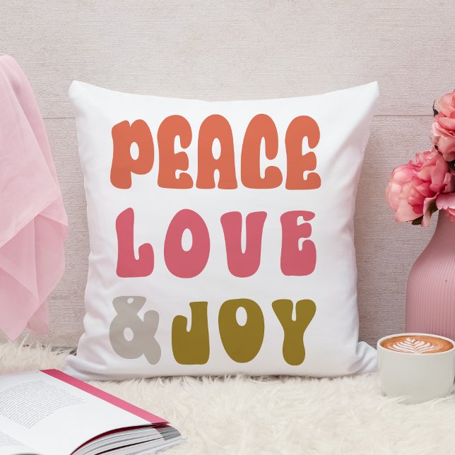 Coussin Retro Super Peace Love Joie Holiday (Back Photo Retro Groovy Peace Love Joy Holiday Photo Throw Pillow)