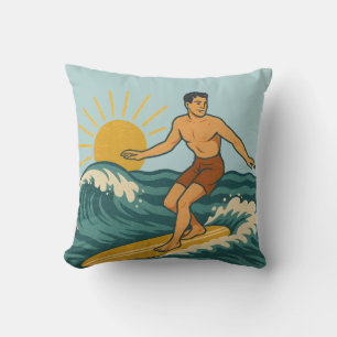 Coussin Rétro Surfeur de la Côte Californienne Planche d