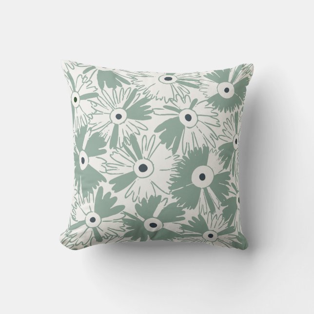 Coussin Retro Wildflower & Diamond Grid Reversible Sage (Recto)