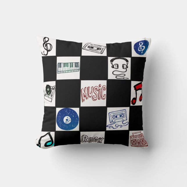 Coussin Rétros cassettes et plus de musique de damier (Recto)