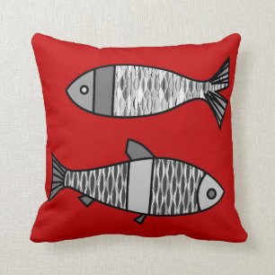 Coussin Rétros poissons modernes, rouge-foncé et gris/gris