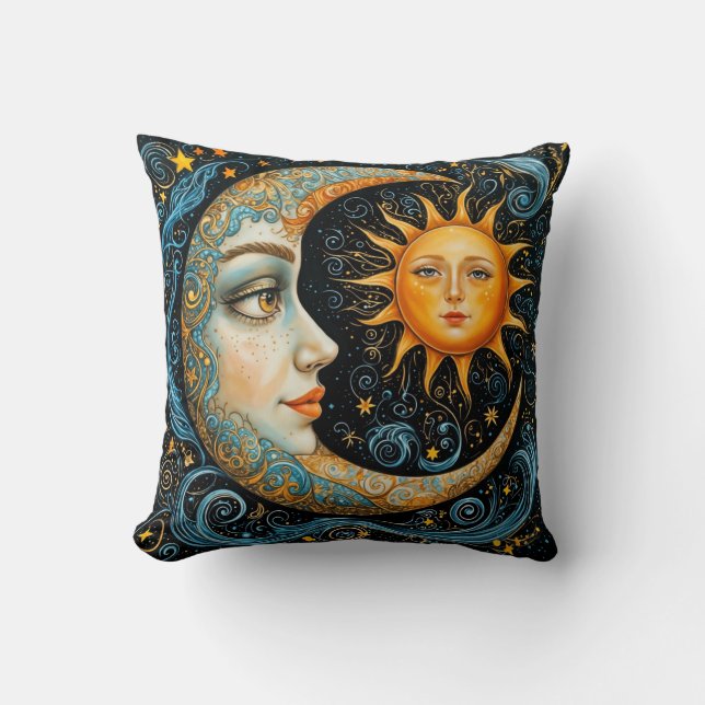 Coussin Rêve céleste fantasque : Lune et Soleil. (Recto)