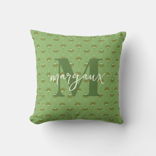 Coussin Reversible Green Boho Floral Personalized Monogram (Recto)